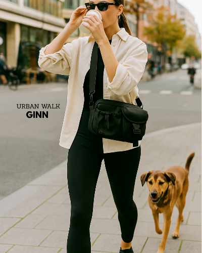 Frau mit schwarzer Gassitasche Urban Walk GINN von pawINAYA® beim Spaziergang mit Hund in der Stadt – praktisch umgehängt, mit Platz für Leckerlis, Ball, Poopbags und Zubehör.