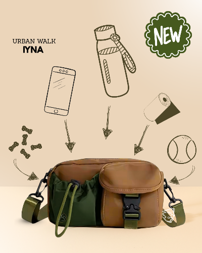 Stylische Gassitasche in Khaki Braun von pawINAYA® – mit Leckerlibeutel, Balltasche, Poopbag-Spender & Platz für Handy, Schlüssel & Wasser. Ideal für Spaziergänge mit Hund. Wasserfest & funktional.