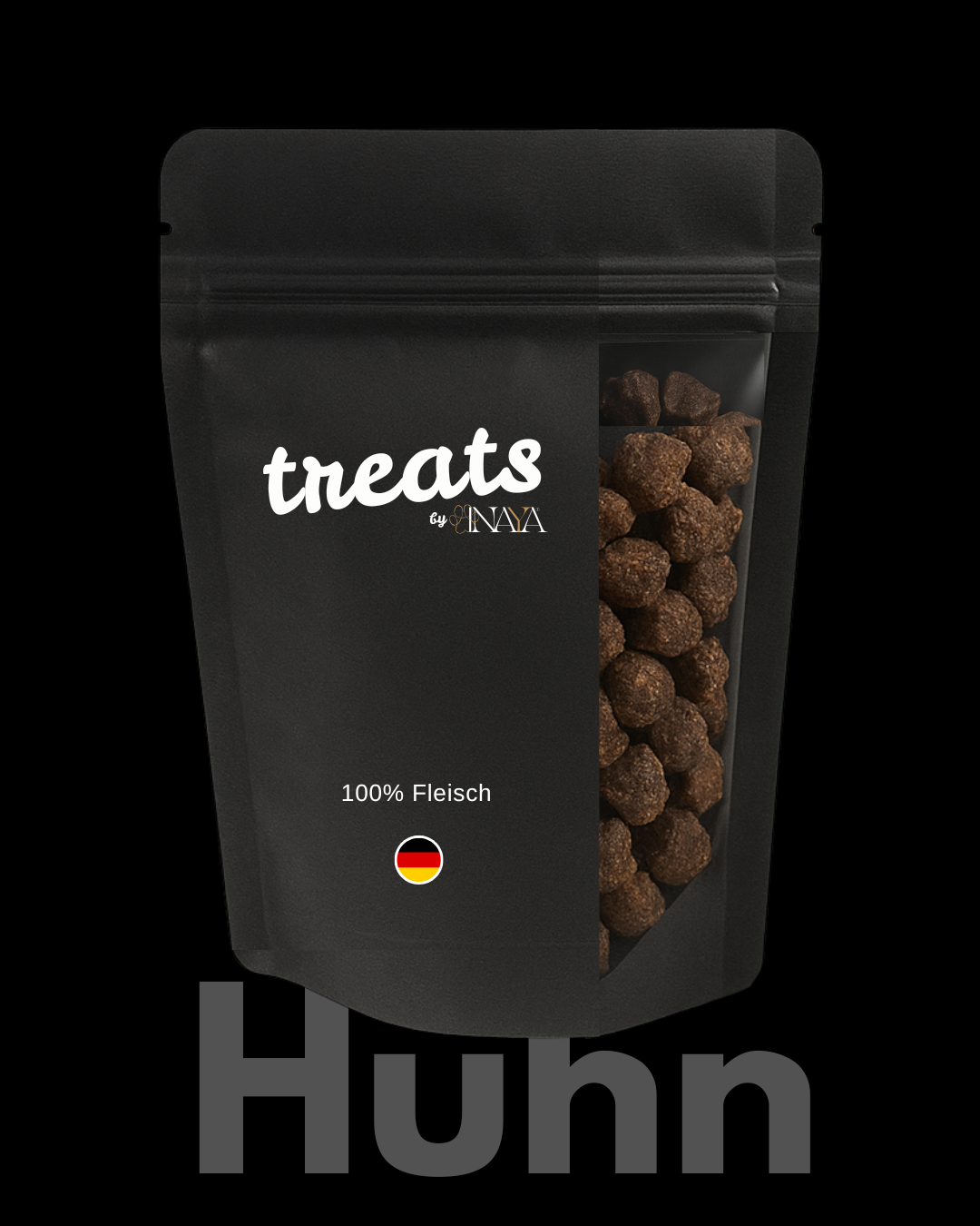 Dog treats by pawINAYA® – 100 % , Huhn Single-Protein, schonend getrocknet. Natürlicher Hundesnack in wiederverschließbarer, schwarzer Verpackung mit Sichtfenster. Perfekt als Trainingsleckerlis oder Belohnung. Made in Germany, ohne Zusatzstoffe, ideal für Allergiker und ernährungssensible Hunde