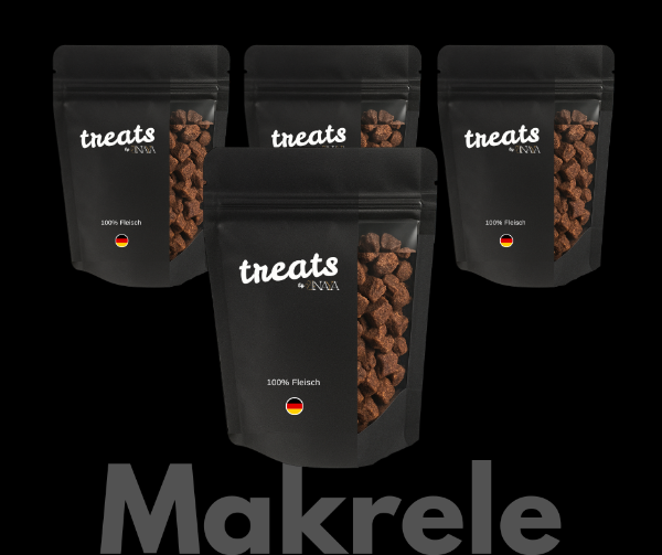 Dog treats by pawINAYA® sparset – 100 % Makrele, Single-Protein, schonend getrocknet. Natürlicher Hundesnack in wiederverschließbarer, schwarzer Verpackung mit Sichtfenster. Perfekt als Trainingsleckerlis oder Belohnung. Made in Germany, ohne Zusatzstoffe, ideal für Allergiker und ernährungssensible Hunde