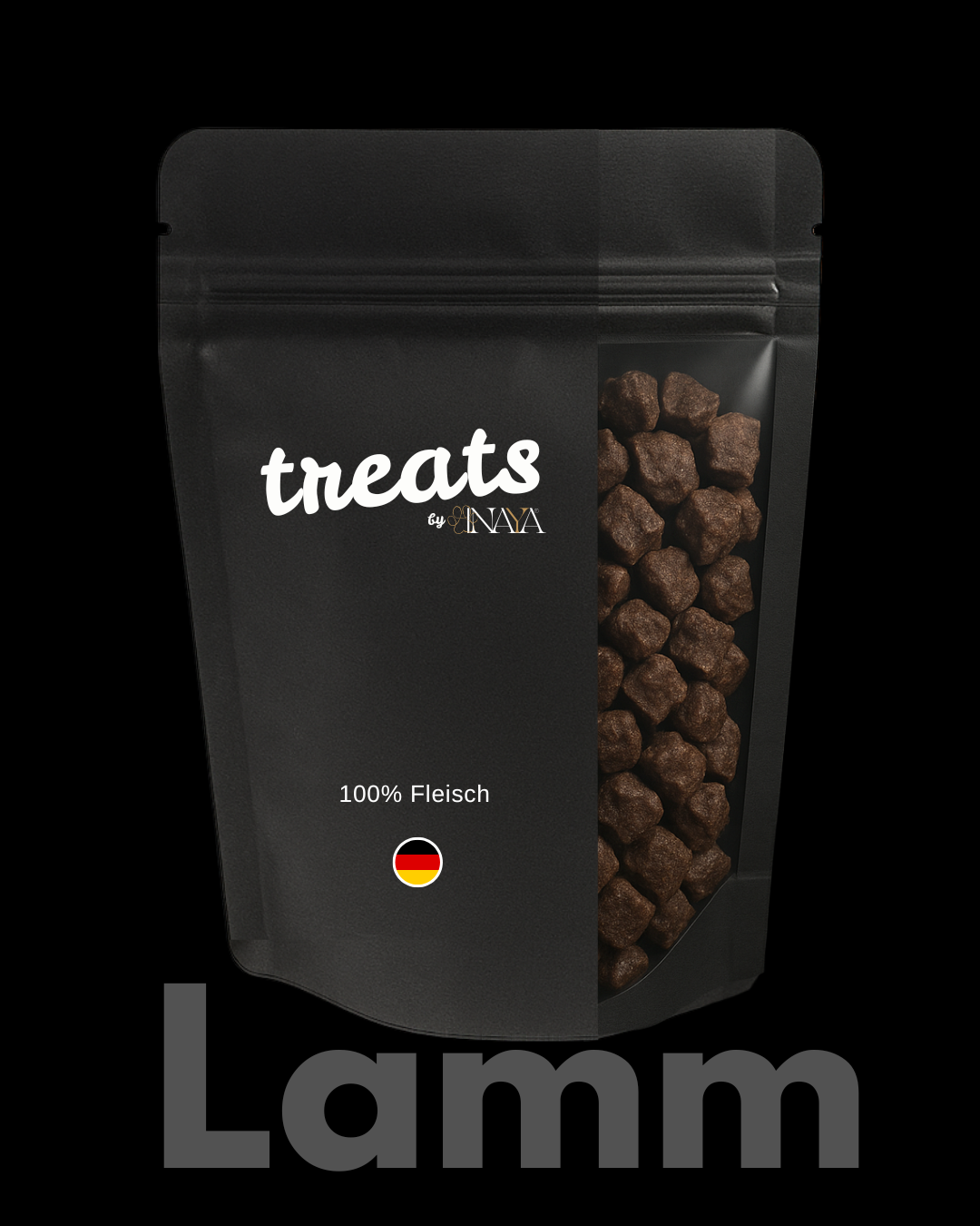 Dog treats by pawINAYA® – 100 % , Lamm, Single-Protein, schonend getrocknet. Natürlicher Hundesnack in wiederverschließbarer, schwarzer Verpackung mit Sichtfenster. Perfekt als Trainingsleckerlis oder Belohnung. Made in Germany, ohne Zusatzstoffe, ideal für Allergiker und ernährungssensible Hunde