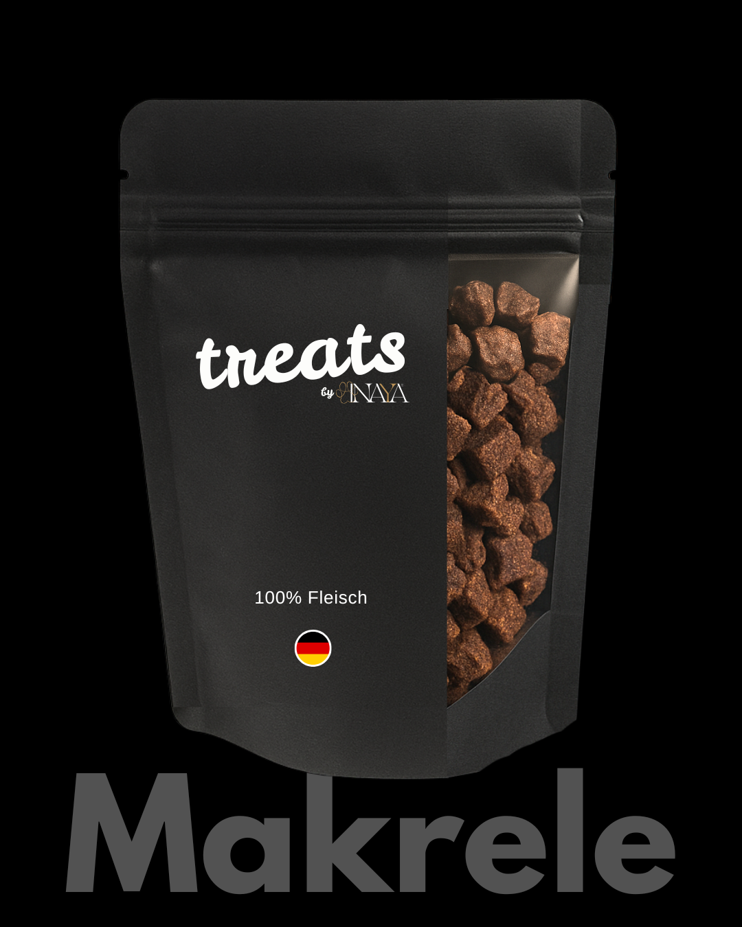 Dog treats by pawINAYA® – 100 % Makrele, Single-Protein, schonend getrocknet. Natürlicher Hundesnack in wiederverschließbarer, schwarzer Verpackung mit Sichtfenster. Perfekt als Trainingsleckerlis oder Belohnung. Made in Germany, ohne Zusatzstoffe, ideal für Allergiker und ernährungssensible Hunde