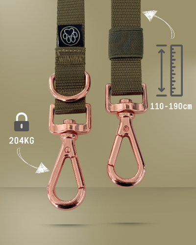 Doppelleine verstellbare Hundeleine aus nylon von 110 cm bis 190 cm und Umhängegurt für Halfter für die flexi leine in Khaki grün und rosé Goldnen karabiner