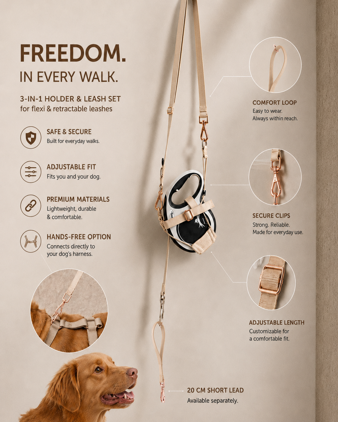 pawINAYA GRIP 3-in-1 holder and leash set infographic in English
