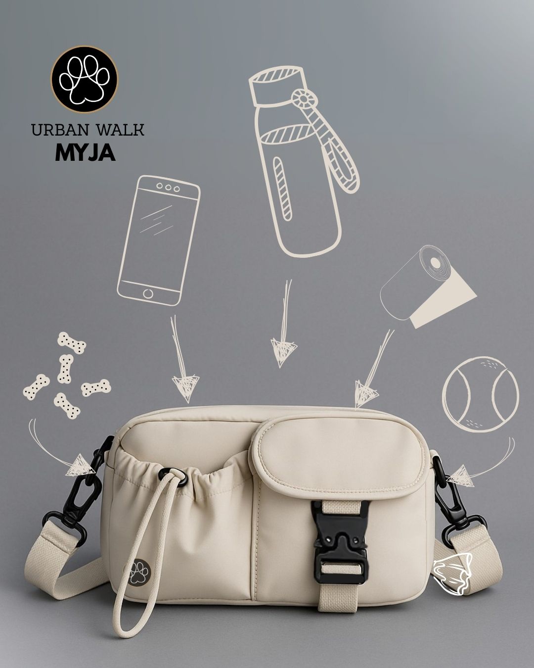 Gassi Tasche in der Farbe beige wasserdicht modern leicht von pawINAYA Robustes material Snack Fach Balltasche und Poop tüten behälter