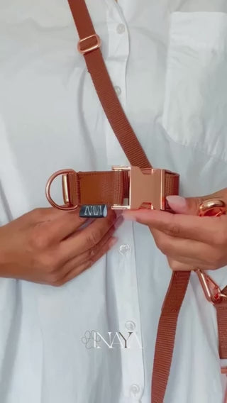 PawINAYA Halsband und Hundeleine in braun. Roségold