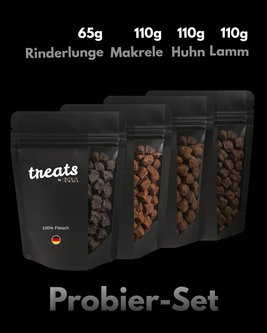 Dog treats by pawINAYA® – 100 % Makrele, Rinderlunge, Lamm, Huhn Single-Protein, schonend getrocknet. Natürlicher Hundesnack in wiederverschließbarer, schwarzer Verpackung mit Sichtfenster. Perfekt als Trainingsleckerlis oder Belohnung. Made in Germany, ohne Zusatzstoffe, ideal für Allergiker und ernährungssensible Hunde
