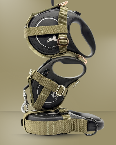 Khaki Halfter für Flexi-Rollleinen – kompatibel mit Flexi New Classic S, M und L. Ideal für sicheres, freihändiges Gassigehen mit kleinen und mittelgroßen  und großen Hunden. Hochwertiges Hundeleinen-Zubehör aus robustem Nylon mit Metallringen – einfach zu befestigen, perfekt für Spaziergänge, Training und Outdoor. pawINAYA® Original.
