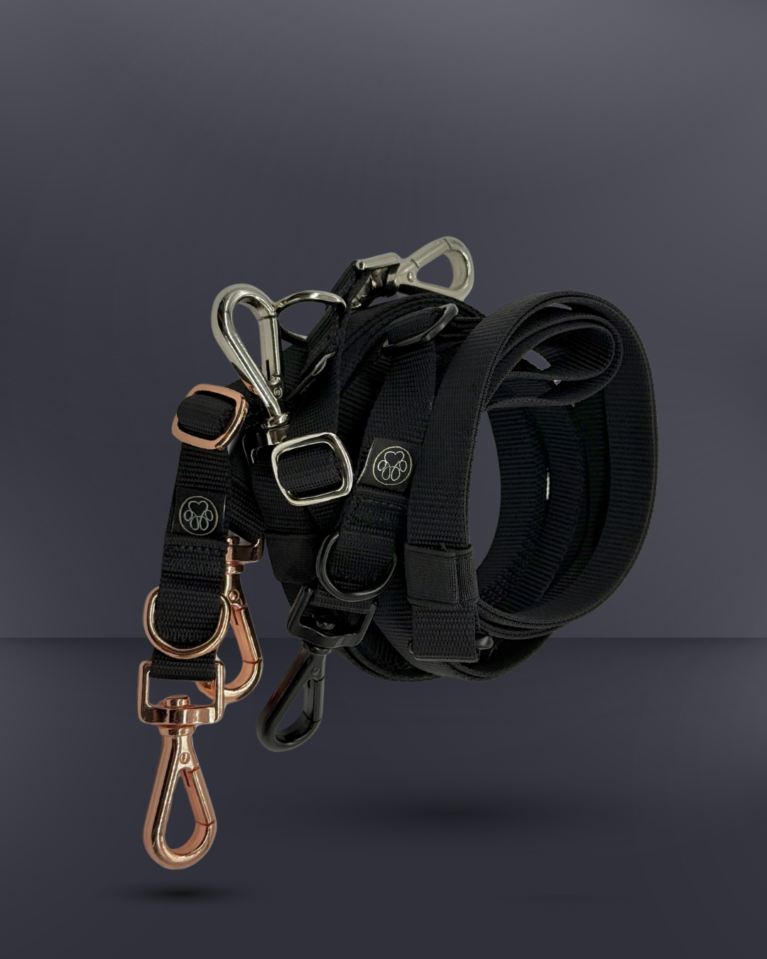 Verstellbare Doppelleine mit zwei Karabinern – ideal zum gleichzeitigen Führen von zwei Hunden, aus robustem Nylon mit weichem Griff. Schwarz Rose gold Schwarz Silber