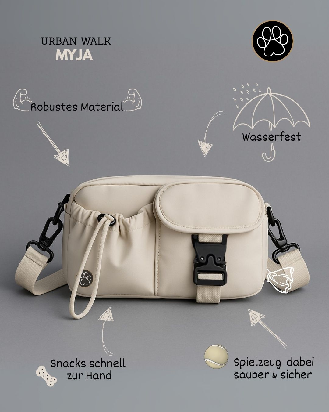 Gassi Tasche in der Farbe beige wasserdicht modern leicht von pawINAYA Robustes material Snack Fach Balltasche und Poop tüten behälter 