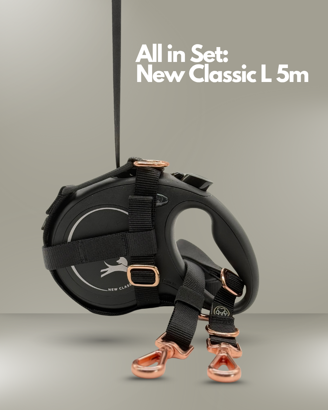 Flexi-Rollleine Modell  New Classic  L 5m in Schwarz , ausgestattet mit einem grauen Halfter und roségoldenen Metallbeschlägen. Vor der Leine liegt ein passender grauer Umhängegurt mit zwei Karabinern. Im oberen Bildbereich steht der Schriftzug „All in Set: Giant L 8m“ auf hellgrauem Hintergrund. 
