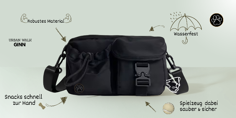 Gassie Tasche in Schwarz aus wasserdichten Nylon platz für Ball Leckerli poop tüte und vielen sehr  