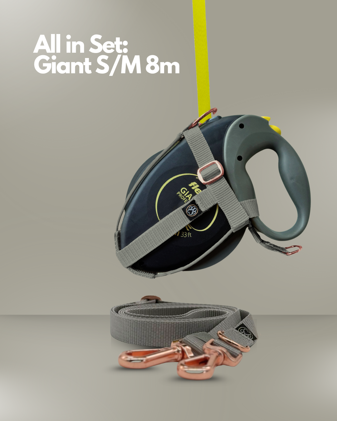 Flexi-Rollleine Modell “Giant S / M 8m” in Schwarz mit gelbem Band, ausgestattet mit einem grauen Halfter und roségoldenen Metallbeschlägen. Vor der Leine liegt ein passender grauer Umhängegurt mit zwei Karabinern. Im oberen Bildbereich steht der Schriftzug „All in Set: Giant L 8m“ auf hellgrauem Hintergrund.