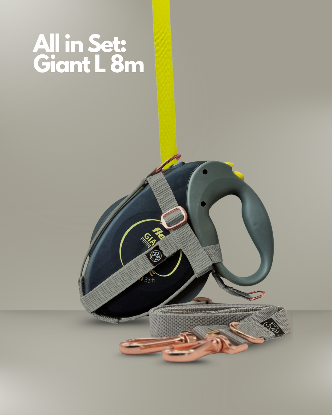 Flexi-Rollleine Modell “Giant L 8m” in Schwarz mit gelbem Band, ausgestattet mit einem grauen Halfter und roségoldenen Metallbeschlägen. Vor der Leine liegt ein passender grauer Umhängegurt mit zwei Karabinern. Im oberen Bildbereich steht der Schriftzug „All in Set: Giant L 8m“ auf hellgrauem Hintergrund.