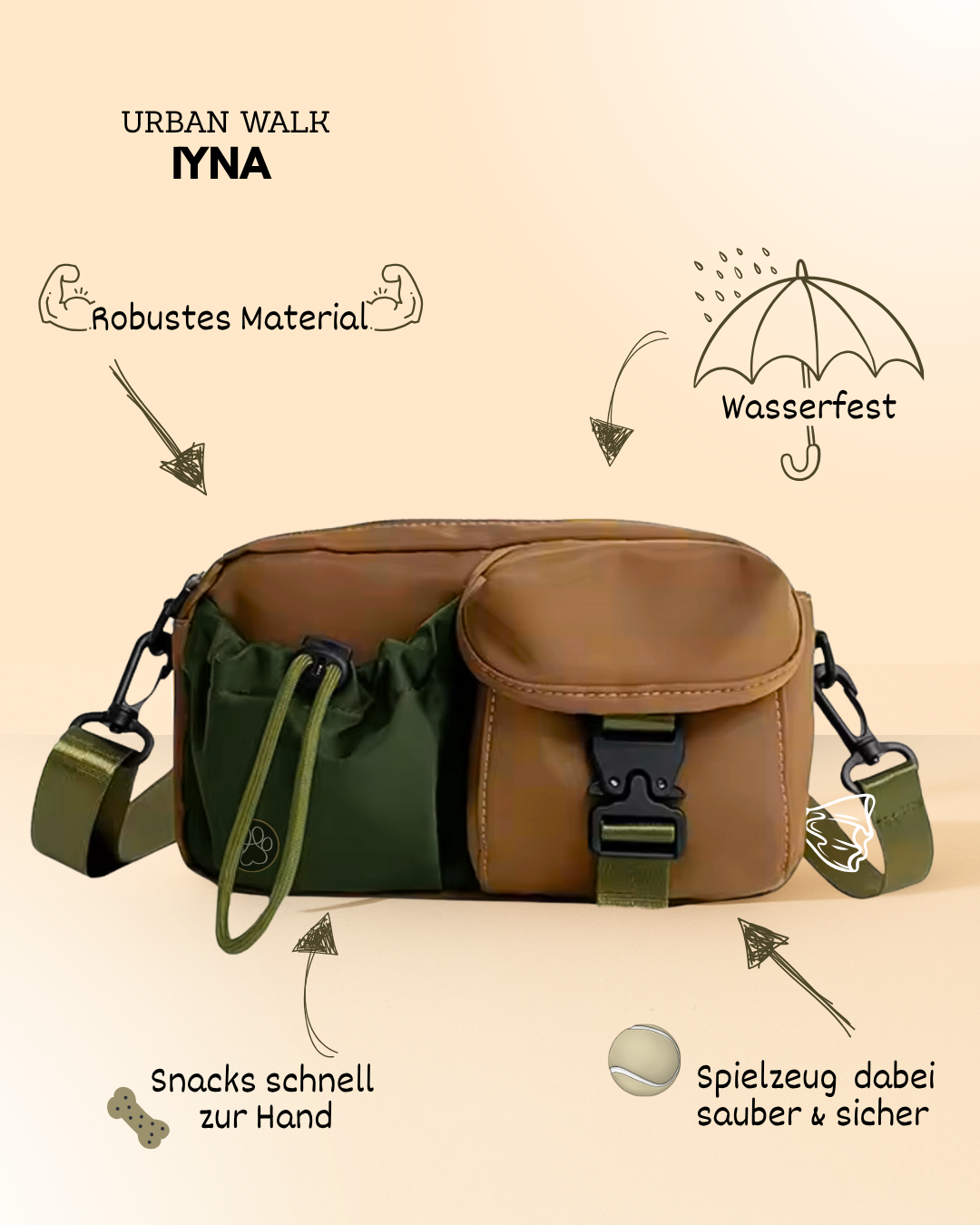 Strapazierfähige Wasserfeste  Gassitasche von pawINAYA® – mit Leckerlibeutel, Balltasche, Poopbag-Spender & Platz für Handy, Schlüssel & Wasser. Ideal für Spaziergänge mit Hund. Wasserfest & funktional.